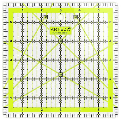 ARTEZA Quilting Rulers Set of 4, Acrylic Square Quilting Rulers for Sewing and Fabric Cutting, 4.5 x 4.5, 6 x 6, 9.5 x 9.5, 12.5 x 12.5 Inch, Dual-Color Grid, 30/45/60 Degree, 48 Non-Slip Rings