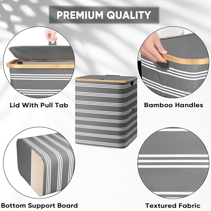BALEINE Laundry Hamper with Lid, Tall Laundry Baskets with Bamboo Pull Handles