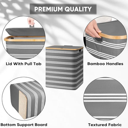 BALEINE Laundry Hamper with Lid, Tall Laundry Baskets with Bamboo Pull Handles