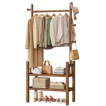Yoobure Solid Wood Clothing Rack with Shelves - Coat Rack Freestanding with 6 Hooks, 3-in-1 Hall Tree for Hanging Clothes, Tall Garment Racks with Storage for Bedroom, Entryway, Living Room, Closet