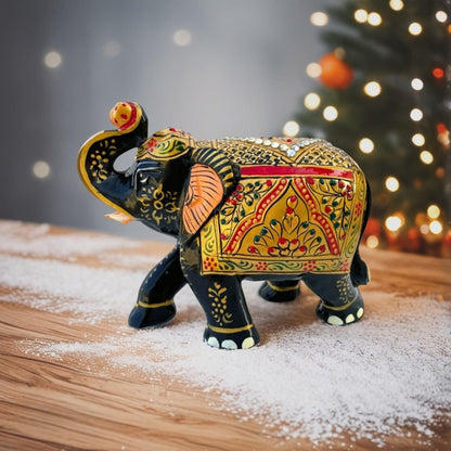Handcrafted Wooden Elephant Figurine – Traditional Artwork, Gold & Gemstone Embellishments – Lucky Decorative Elephant Statue for Prosperity | Beautiful Elefantes Decorativos para Sala (Black & Gold)