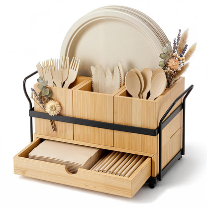 Qunclay Wooden Silverware Caddy with Drawer, Paper Plate Organizer Holder Dispenser for Party, Utensil Cutlery and Flatware Holder with 4 Compartments for Forks, Spoons, Napkins, Kitchen Countertop