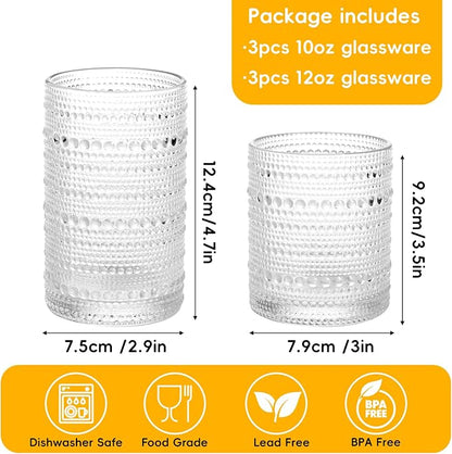 Moretoes Kitchen Hobnail Drinking Glasses Set of 6, 12 Oz Highball Glasses & 10 Oz Cocktail Glasses, Clear Embossed Boho Glass Cups Kitchen Bar Tumbler Glassware Set for Whiskey, Beer, Juice, Milk