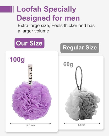 MTDLYICE Loofah Sponge, XXL Large Loofah 100g 4 Pack, Bath Sponge Soft Mesh Shower Loofah for Men, Body Scrub, Shower Pouf Bath Accessories, for Body Wash, Soap (Lavender)