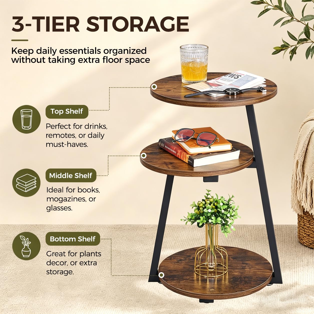 BEWISHOME Round Side Table, 3-Tier End Table, Nightstand with Metal Frame, Vintage Accent Table for Small Spaces with Storage Shelf, Living Room, Bedroom, Brown, 15.35"L x 13.78"W x 23.62"H, KTZ41Z