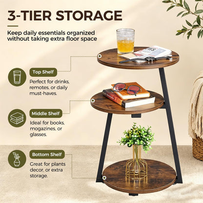 BEWISHOME Round Side Table, 3-Tier End Table, Nightstand with Metal Frame, Vintage Accent Table for Small Spaces with Storage Shelf, Living Room, Bedroom, Brown, 15.35"L x 13.78"W x 23.62"H, KTZ41Z