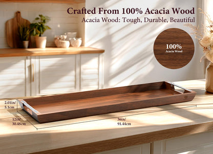 Dofira Large Acacia Wood Serving Tray with Metal Handles - 36" Long Charcuterie Board for Cheese, Meat & Appetizers - Perfect for Kitchen, Entertaining, Gatherings & Home Decor