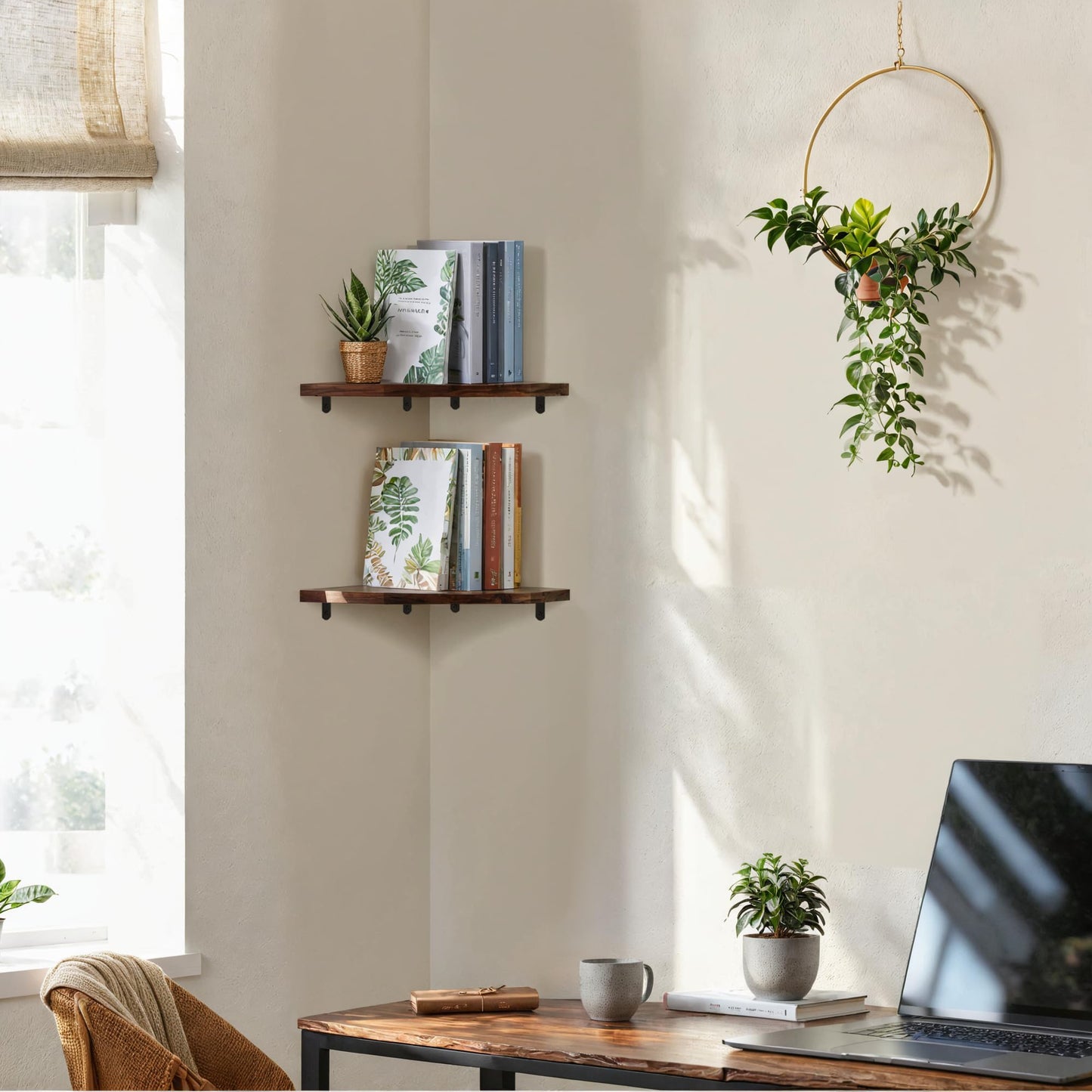 Demigo Corner Shelf Wall Mount, Set of 2 Solid Acacia Wood 11.8 x 16.5 inches Floating Corner Shelves, Smooth - Durable - Attractive Corner Shelves for Bedroom Living Room Bathroom Kitchen