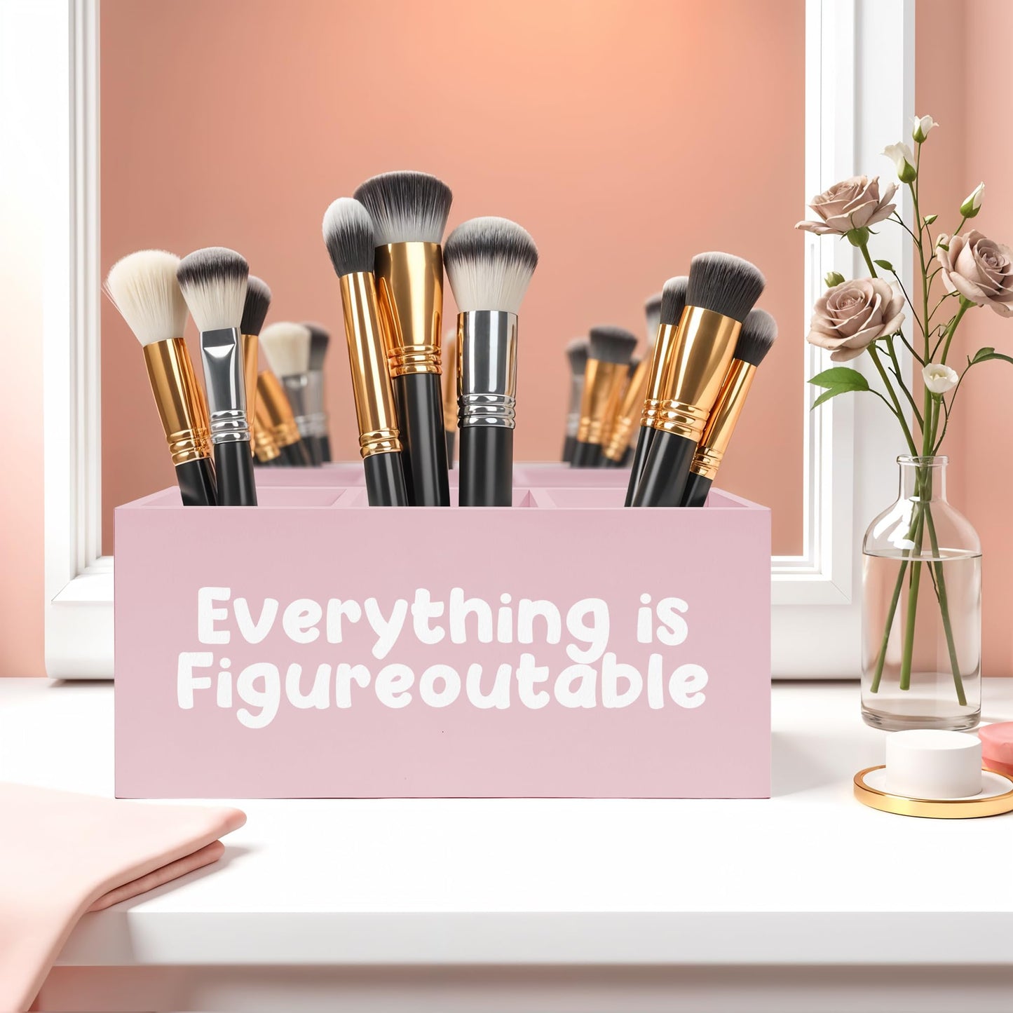 FITIE Everything Is Figureoutable Makeup Brush Toothbrush Holder, Preppy Coquette Pink Wooden Pen Pencil Holder Organizer for Dorm Bedroom Desk Accessories, Inspirational Gifts for Women