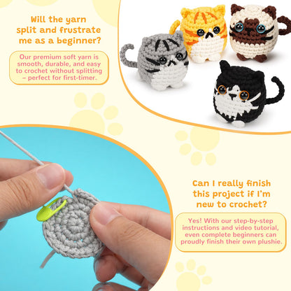 Fortuning's JDS Crochet Kit for Beginners, Cat Crochet Kit for Adults Beginner, Complete DIY Crochet Starter Kit with Step-by-Step Video Tutorials, Easy Knitting Kit Cat Crochet Gifts