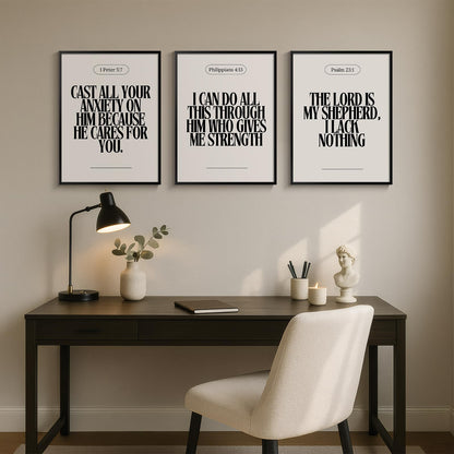 Framed Christian Wall Art Set of 3, Neutral Bible Verse Prints 1 Peter 5 7 Philippians 4 13 Psalm 23 1, Religious Inspirational Scripture Artwork Decor for Living Room Bedroom Prayer Room, 12x16 Inch