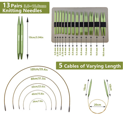 4-inch Knitting Needles Set, 13 Pairs Interchangeable Circular Knitting Needles Set Aluminum 3-10mm with 5 Cables, Knitting Accessories and Case, Green