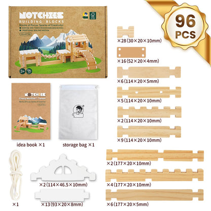 Jovi-mindly＆Notchies 96 PCS Wooden Blocks Wooden Toys with Storage Bag, Preschool Learning Toys Wood Blocks Building for Kids Ages 4-8 Creative Construction Game,FSC Certified,Birthday Toys Gifts