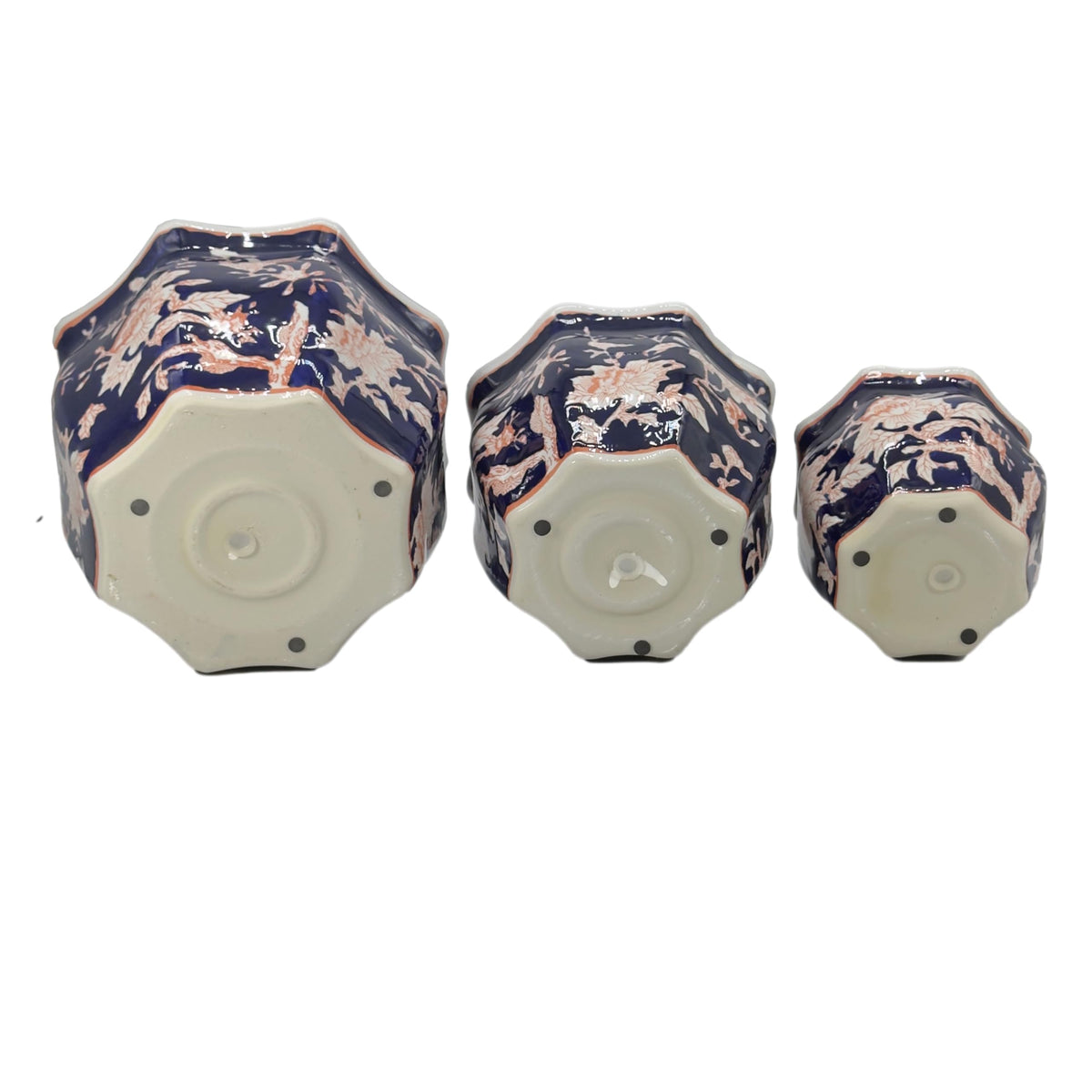 Galt International Blue & Pink Round Fluted Floral Porcelain Ceramic Plant Flower Planter Pot Set of 3 (7.5", 10", 13") Garden Pots Chinese Asian Design