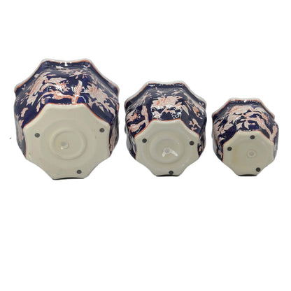 Galt International Blue & Pink Round Fluted Floral Porcelain Ceramic Plant Flower Planter Pot Set of 3 (7.5", 10", 13") Garden Pots Chinese Asian Design