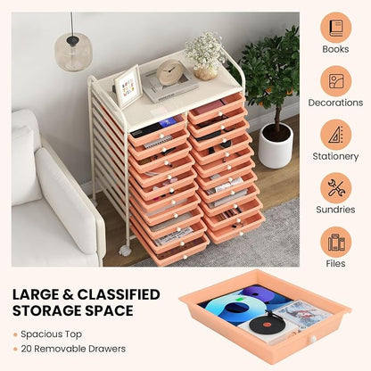 COSTWAY 20-Drawer Rolling Storage Cart, Utility Storage Organizer Cart for Tools, Scrapbook, Paper, Craft, Multipurpose Storage Trolley on Wheels for Home Office School, Peach