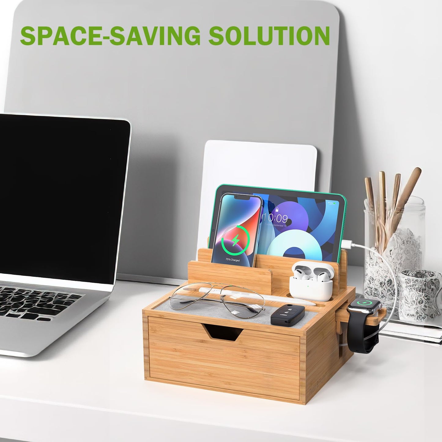 Pezin & Hulin Bamboo Charging Station for Multi Device, with Power Charger & Cables, Nightstand Docking Station with Lined Tray & Drawer, Compatible with Tablet, Cell Phones