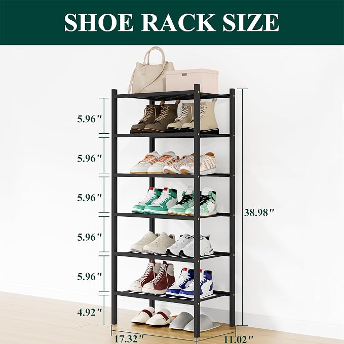 Smiry Small Bamboo Shoe Rack, 6 Tier Free Standing Wooden Shoe Organizer, Stackable Wood Shoe Storage Shelf for Closet, Entryway, 12 Vertical Slats, 2+2+2 Stack Standard Legs, 17.3"x11"x39", Black