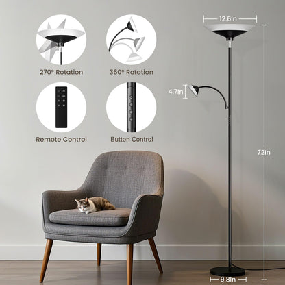 SIBRILLE Upgraded 2-in-1 Torchiere Floor Lamp, Dimmable Standing Lamp with Remote&Button Control, 34W Brightness Adjustable Floor Reading Light, Black Modern Corner Lamp for Living Room Bedroom Office