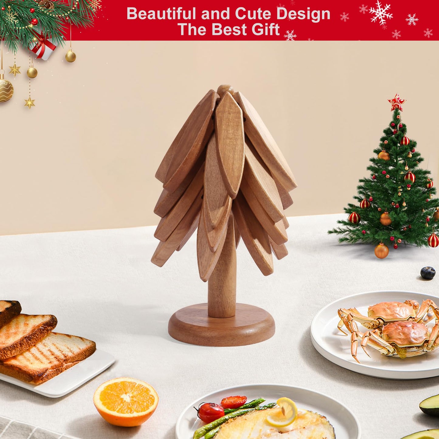 OKOM Wooden Trivets for Hot Dishes - 4+1 PCS Tree Shape Set, Foldable Hot Pot Holders for Kitchen Decor and Use (Beech)