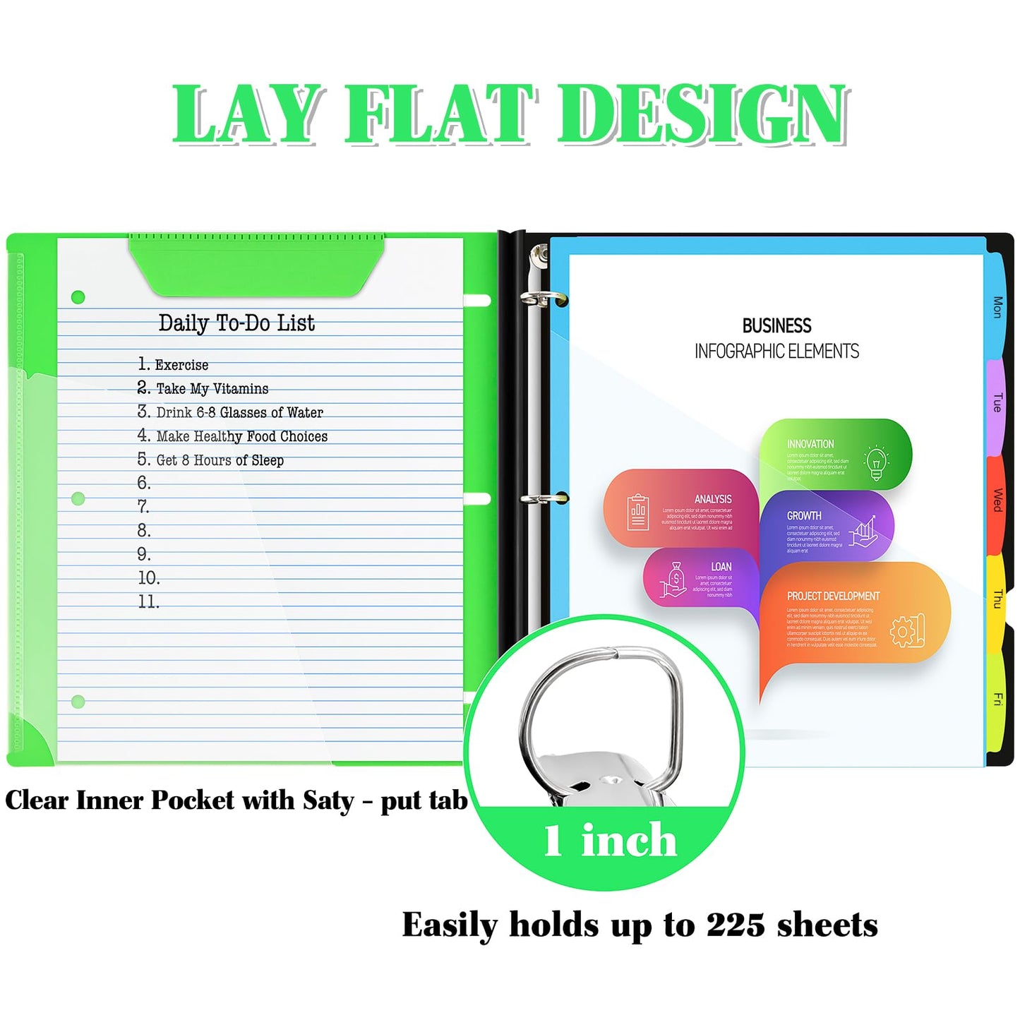 INFUN 1 Inch Telescoping Project Organizer Binder-2PCS,13 Pocket, Customizable Front Cover, 5 Colors Pocket Divider and Plastic Binder Pocket，225 Sheet Capacity-Green