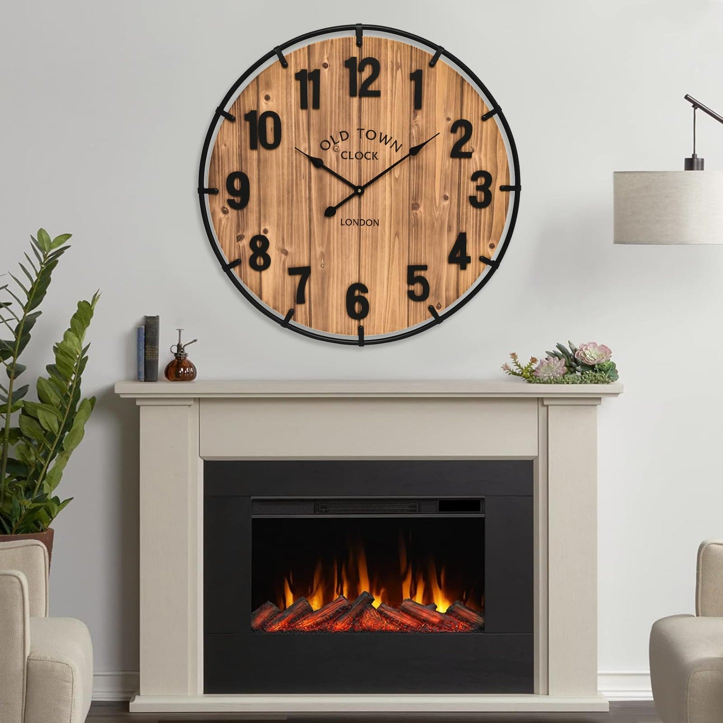 MICWIC 24 Inch Farmhouse Wall Clock Large Old Town Vintage Rustic Wooden Clock with Metal Rim and Large Numerals, Silent Battery-Operated for Office, Kitchen, Bedroom, and Living Room