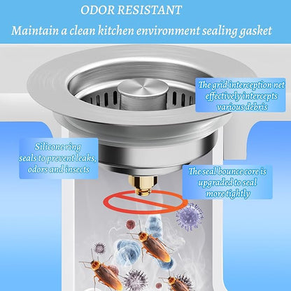 2 Pcs 3 in 1 Kitchen Sink Drain Strainer, Universal Stainless Steel Kitchen