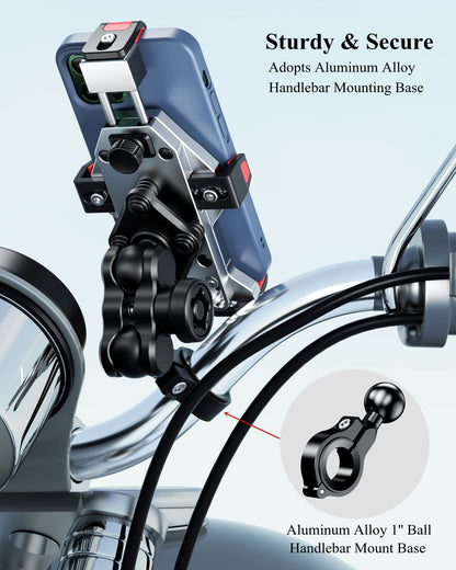 BRCOVAN Anti-Theft Aluminum Alloy Motorcycle Phone Mount with Vibration Dampener & Secure Lock, Adjustable Motorcycle Handlebar Cellphone Holder for Bike Bicycle Scooter ATV, Fit 4.7-7.2'' Smartphone