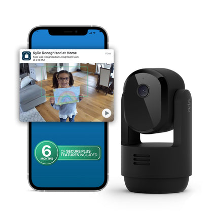 Arlo Essential Indoor Pan Tilt Security Camera 2K (2025 Release) + 6 Months of Secure Plus Plan - Wired Plug-in Power, Person Recognition, Animal Detection, Auto Motion Tracking, 1 Cam, Black