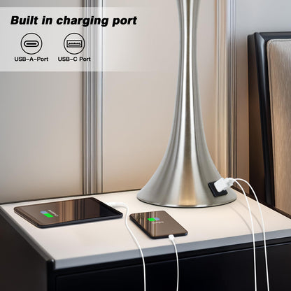 Rinweey 27.5" Silver Table Lamps, Touch Bedside Lamps with USB C+A Ports, 3 Way Dimmable Nightstand Lamps for Bedroom, Living Room, Office, Silver Lamp with Beige Lampshade, Bulbs Included (1 Pack)