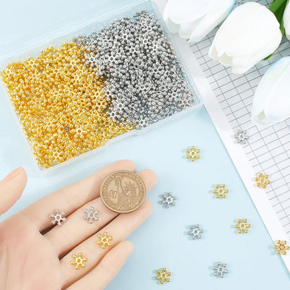 SOFPLATE 1 Box 400Pcs Snowflake Spacer Beads Silver Metal Spacer Bead Bulk Tibetan Alloy Gold 10mm Mini Flower Winter Christmas Snow Flake for Jewelry Making Bracelets Earrings DIY Crafts
