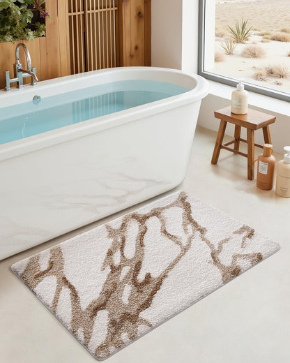 DEXI Bathroom Rug Mat 30x17, Soft and Absorbent Marble Bath Mat, Non Slip Machine Washable Bath Rugs for Shower Floor, Tub, Sink, White and Beige