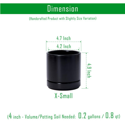 D'vine Dev Set of 2 Plants Pot, 4.7 Inch Ceramic Planter Pot for Plants with Drainage Hole and Saucer, Black, 94-V-B-2