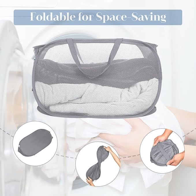 Durable Collapsible Laundry Baskets, Mesh Pop Up Laundry Hamper