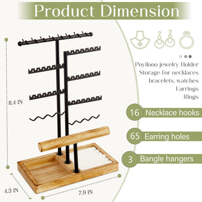 Poyilooo Earring Holder Jewelry Stand, 3 Tier Jewelry Organizer with Ring Holder Tray for Necklace Earring Keychains Bracelet Rings Display Jewelry Tree Stand (Carbonized Brown)