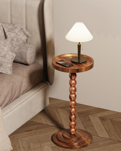 Round Wooden Side Table & Drink Table | Sturdy & Functional Mid-Century Modern Design with Solid Wood Columns for Living Room, Bedroom, Office & More