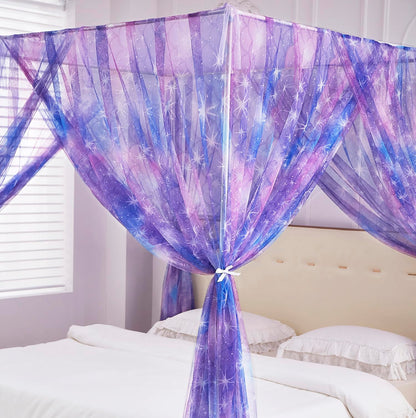 Mengersi Tie Dye Canopy Bed Curtains with Lights,Gradient Ombre Bed Canopy for Girls,Canopy for Bed Princess Bed Drapes for Girls Room Decor(Twin,Purple)