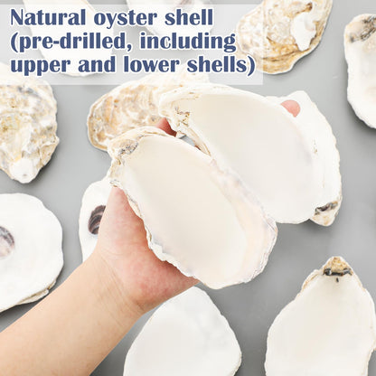 ForraFun 16 Set Beach Oyster Shells for Crafts 4-5 Inch Large Seashells with Holes for Crafting Summer Flat Oyster Shell Kits with Decoupage Napkins Glue Paints Twine Brushs