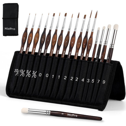 Nicpro 16 PCS Kolinsky Sable Miniature Paint Brushes Dry Brush, Professional Model Paint Brush Set with Cloth Roll, Fine Detail Artist Brush Set for Miniatures, Acrylic & Figures, Model, Watercolor