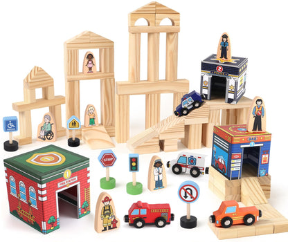 Atoylink Kids Building Blocks for Toddlers 1-3, 108Pcs Wooden Stacking Toys with Community Helpers & Magnetic Wooden Cars Signals, Baby Nesting Boxes Preschool Learning Toys for Boys Girls Gift