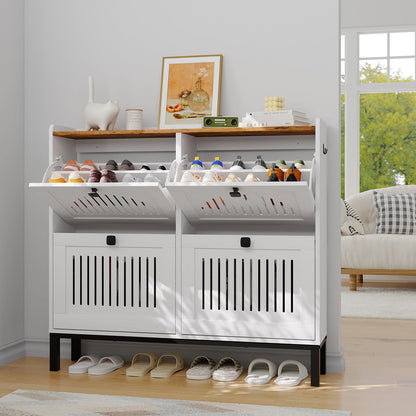 Garvee Shoe Cabinet with 4 Flip Drawers, Freestanding Shoe Organizer with Adjustable Shelves & Sturdy Legs, Narrow Wooden Shoe Rack for Entryway, Hallway, Living Room, White