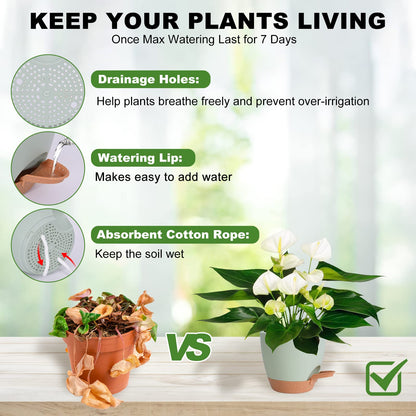 Vanslogreen Plant Pots Indoor 7/6.5/6/5.5/5 Inch Self Watering Planters for Indoor Plants with Drainage Hole, Plastic Flower Pots for Succulents, African Violet (Green)