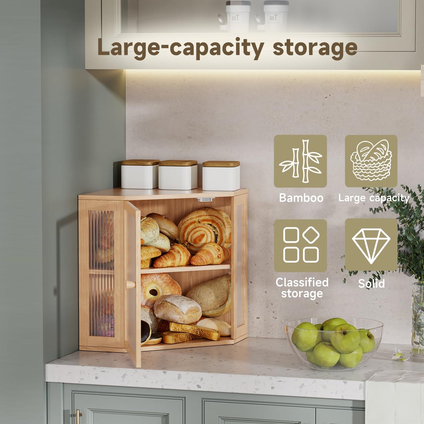 Vellzeyce Corner Bread Box for Kitchen Countertop,Double Layer Large Capacity Bread Storage Bin, Bamboo Bread Container with Acrylic Door (Natural, Mediun)