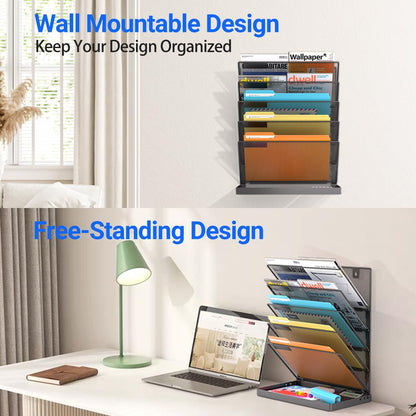 Legal/A4/Letter Size/A3 6 Tier Wall File Organizer,2-in-1 Wall Mounted&Desktop File Holder,2 Installation Methods Screws & Adhesive,Mesh Document Organizer with Label Plate for Home Office