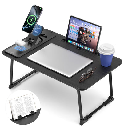 KONDOUND Foldable Laptop Desk for Bed with Wireless Charger - Large Lap Computer Tray Table with Tablet Slot and Book Shelf Read Table for Couch Chair Floor for Writing, Studying Eating, and WFH