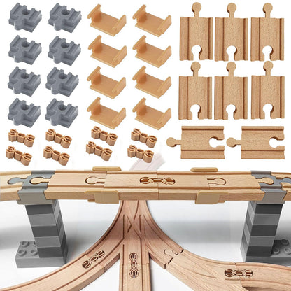 Wooden Train Track Accessories, 32Pcs, Wooden Track Connector, Train Toys Expansion Pack for Major Brands, Wood Train Track, Christmas Birthday Gift for Girls & Boys