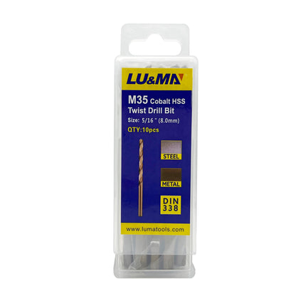 5/16" M35 Cobalt HSS Jobber Length Twist Drill Bit with Straight Shank,Heavy Duty, Pack of 10 PCS, Drilling for Cast Iron, Heat-Treated Steel, Stainless Steel and Other Hard Materials by LU&MN