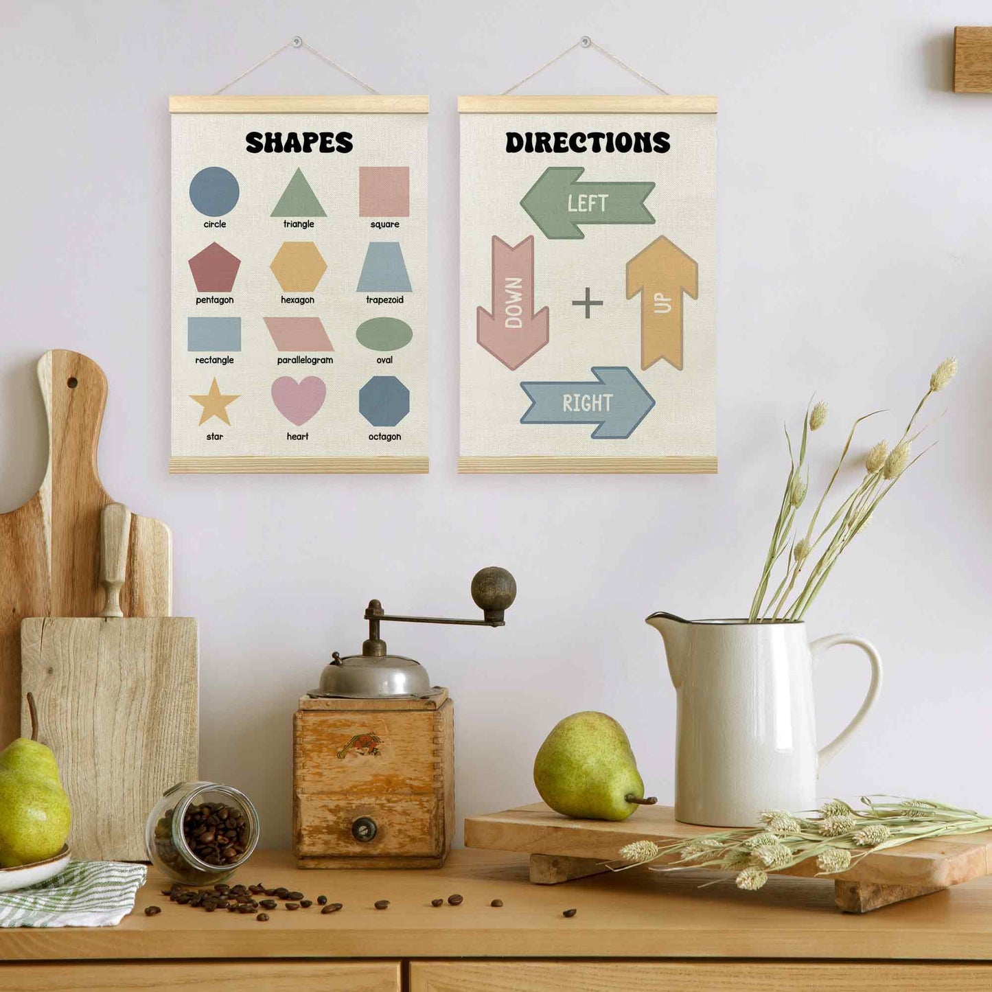 TLESKE Shapes Directions Chart Poster Hanger Frame for Toddler Kid Classroom Set of 2, Homeschool Hanging Wall Art Decor for Nursery Playroom, Preschool Prek Learning Educational Poster, 12x16