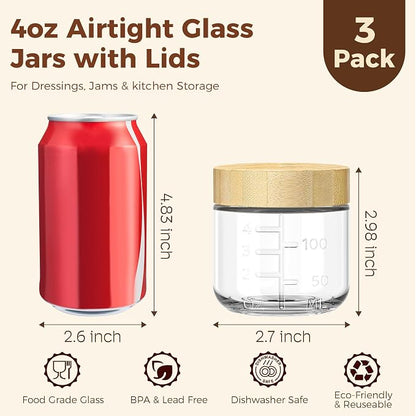 HomArtist 4oz Glass Salad Dressing Containers with Bamboo Lids - 3 Pack Small Airtight Condiment Cups, Mini Sauce Jars for Picnic, Ketchup, Dip & Snacks, Leakproof, BPA-Free & Dishwasher Safe