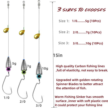 DAMIDEL 10Pcs Fishing Bullet Weights Texas Rigs Ready Kit,Worms, Sinker (10g/7g/5g), Worm Hooks, Carbon line,Spinner Blades，Eye Beads Bait, Fishing Bass Rig Saltwater Freshwater(10g)